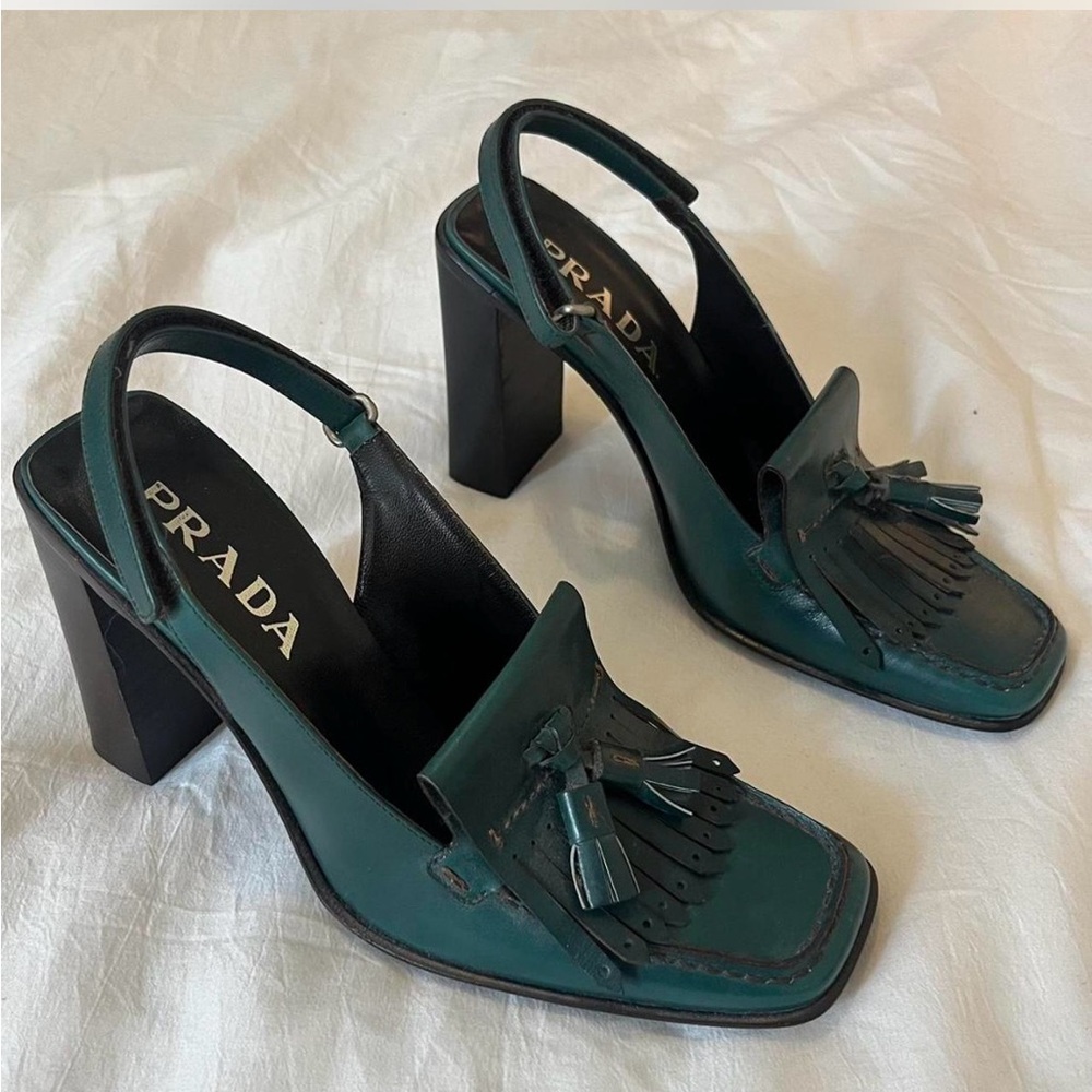 Prada Women's Green Leather Slingback Heels - Picture 2 of 4